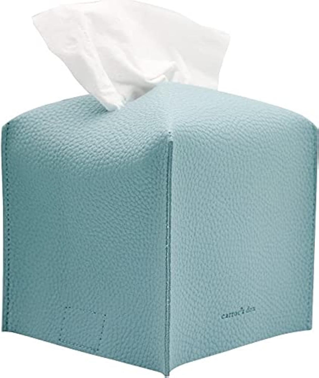 Tissue Box Cover Holder, Square with Bottom Belt by Carrot's Den - PU Leather Decorative Organizer for Tabletop, Bathroom, Car, Office (Light Blue)