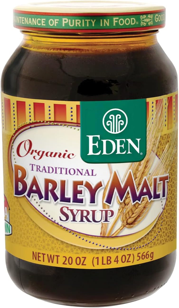 Eden Organic Traditional Barley Malt Syrup, Whole Grain Liquid Sweetener, 74.5% Maltose, Non-Diastatic, Perfect for Bagels, Non-GMO, 20 oz Glass Jar