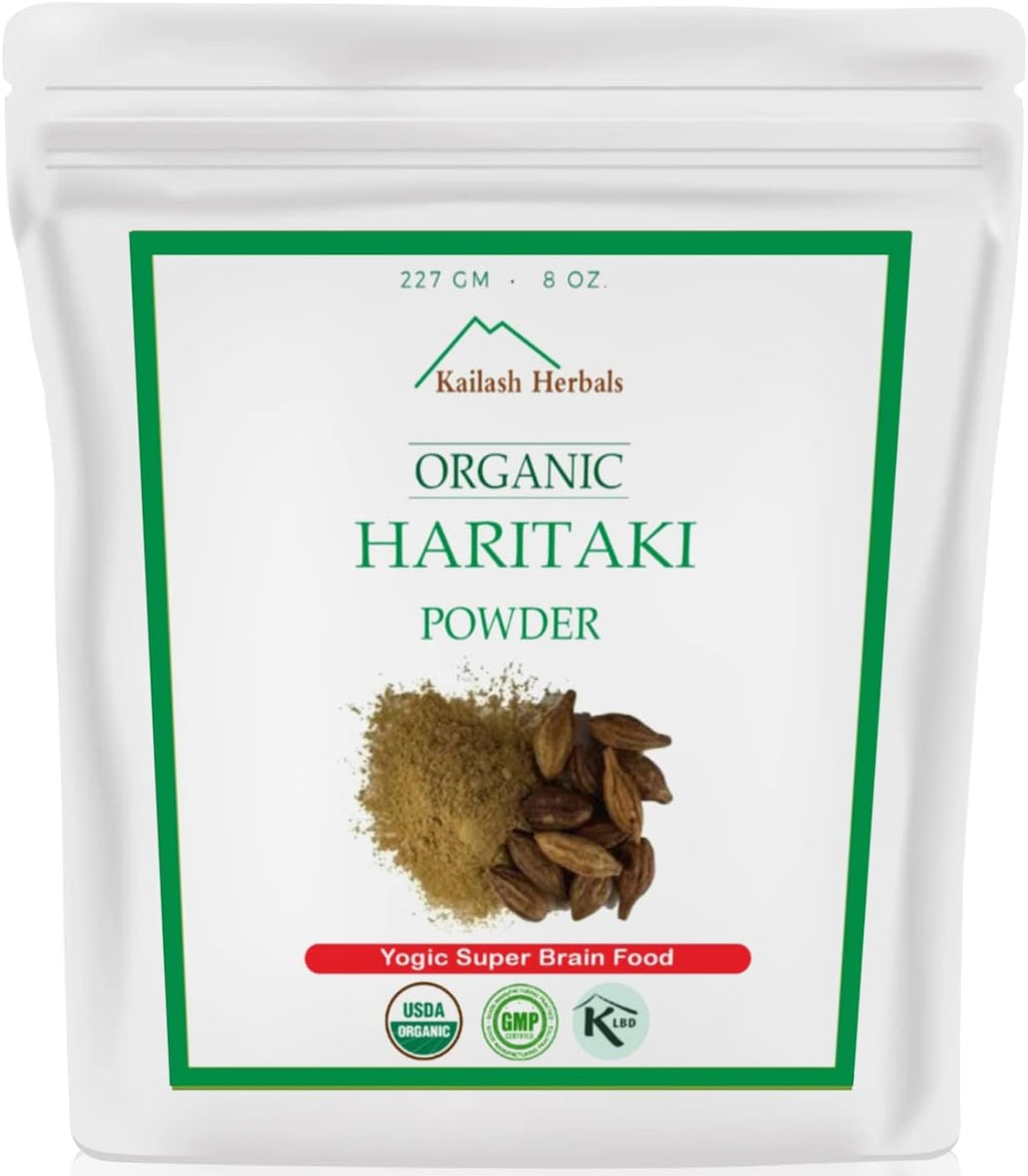 Kailash Herbals Organic Haritaki Powder USDA Certified Organic, 1/2 Pound - Terminalia chebula - Detoxification & Rejuvenation, Brain Function and Vitality