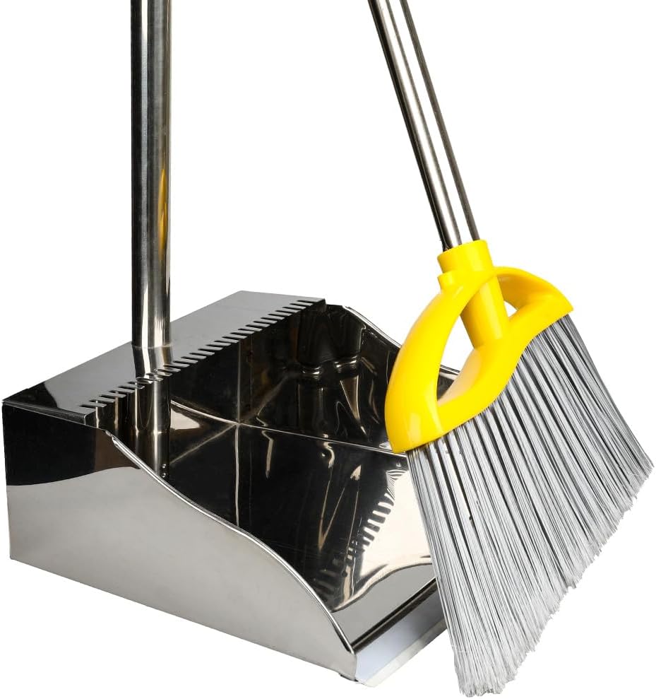 Stainless Steel Dustpan with Outdoor Stiff Bristles Broom,Long Handle Metal Dust Pan and Heavy Duty Broom for Home,Lobby,Office