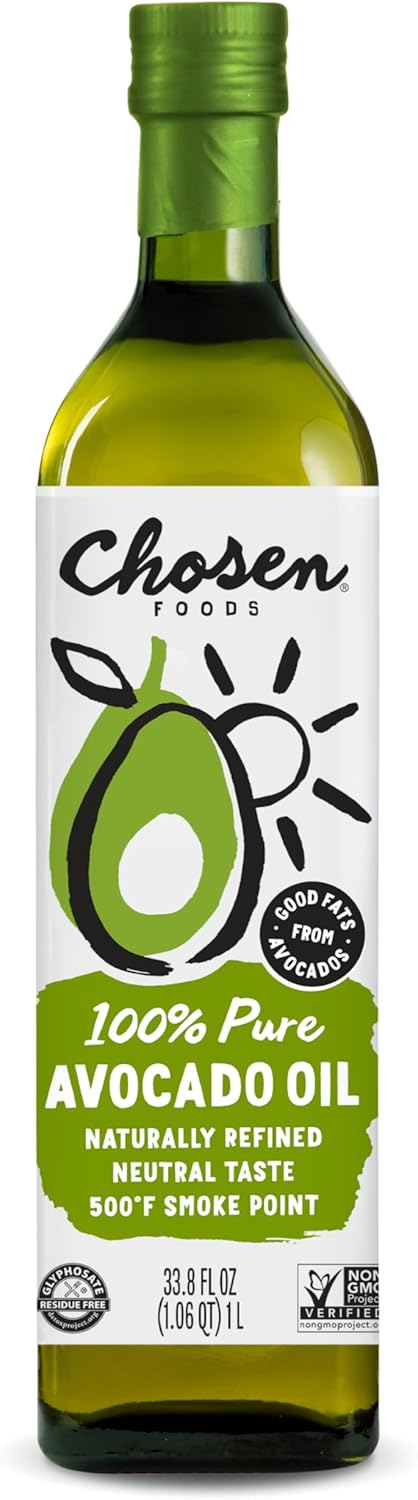 Chosen Foods Avocado Oil, 1 Liter - All Purpose Cooking Oil made from 100% Pure Avocados - Non-GMO, Gluten-Free, Keto Friendly, Glyphosate Free - 33.8 Fl Oz (Pack Of 1)