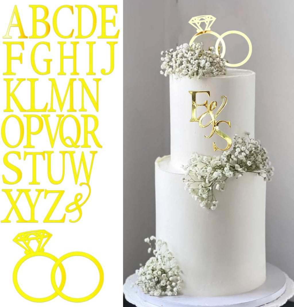 Wedding Cake Topper Diamond Ring Cake Topper with 26 Letter Personalize Bride and Groom Initial Sign