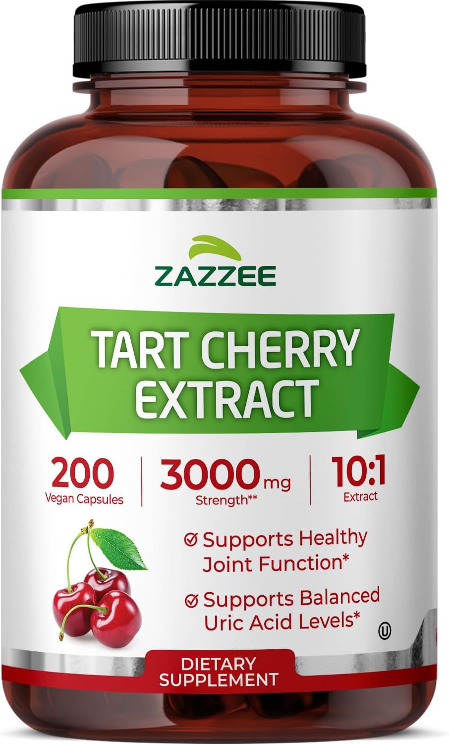 Zazzee Tart Cherry 10:1 Extract, 200 Vegan Capsules, 6+ Month Supply, Montmorency Cherry, Certified Kosher, Joint & Uric Acid Support, Antioxidant Support Formula, Non-GMO, Made in the USA