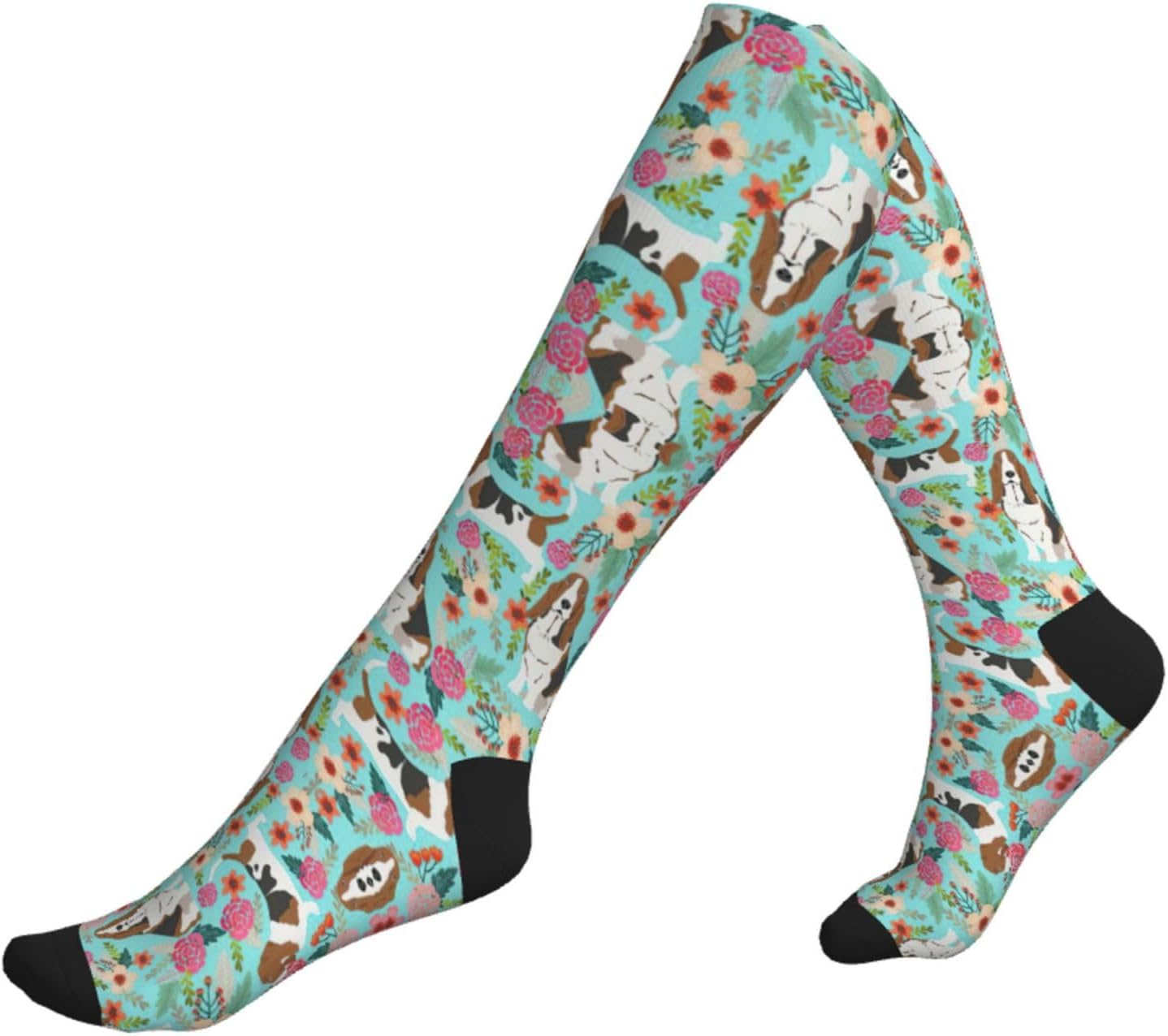 Sweet Basset Hound Florals Compression Socks For Woman & Man 20-30mmhg Knee High Calves For Flying Running Nurses