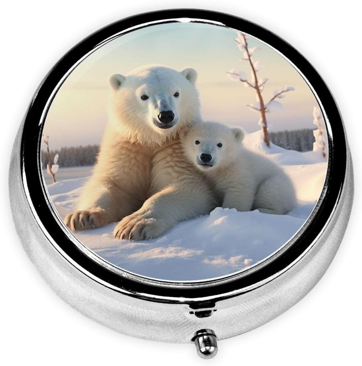 Pill Box 3 Compartment Medicine Pill Case for Pocket or Purse Mini Metal Pillcase Cute Polar Bears Pill Holder Vitamin Organizer Portable Travel Pills Container to Hold Supplements Vitamins