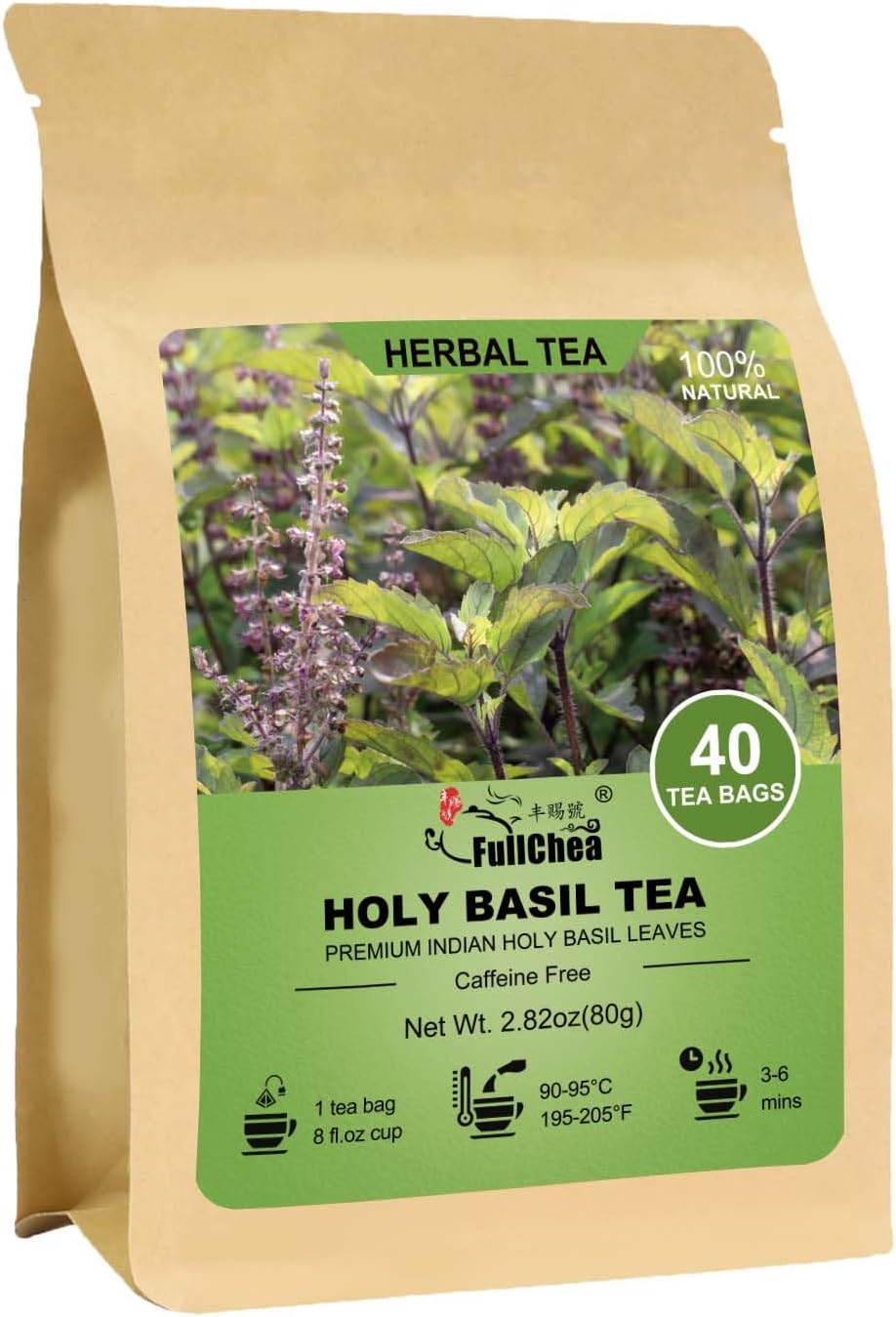 FullChea - Holy Basil Tea Bags, 40 Tulsi Teabags, 2g/bag - Premium Holy Basil Leaves - Non-GMO - Caffeine-free - Support Digestion & Boost Immunity