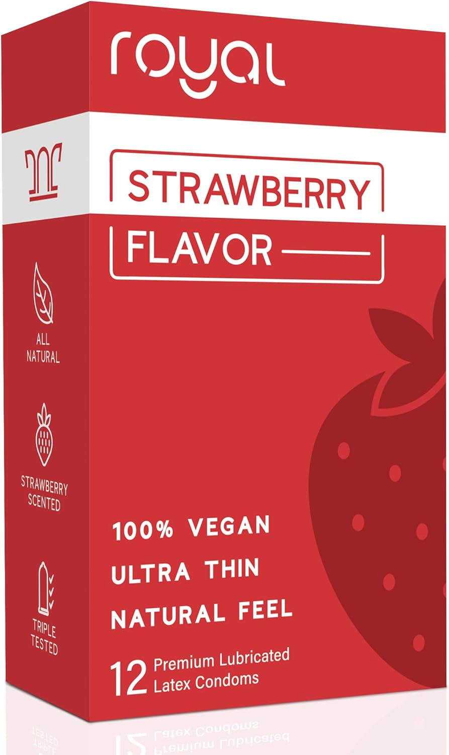 Royal Strawberry Flavored Tailored Fit Ultra-Thin Natural Latex Condoms - Premium Lubricated - Strong, Non-Toxic Latex - Organic, Vegan, Slim, Snug Fit - Safe & Durable Male Contraceptives – 12 Count