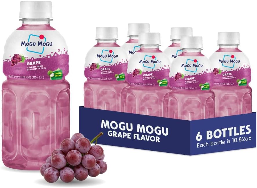 Mogu Mogu Grape Juice Drink with Nata de Coco (Coconut Jelly) – Chewy Fruit Beverage for Kids & Adults, 6 Pack Bottles, 10.82 fl oz Each