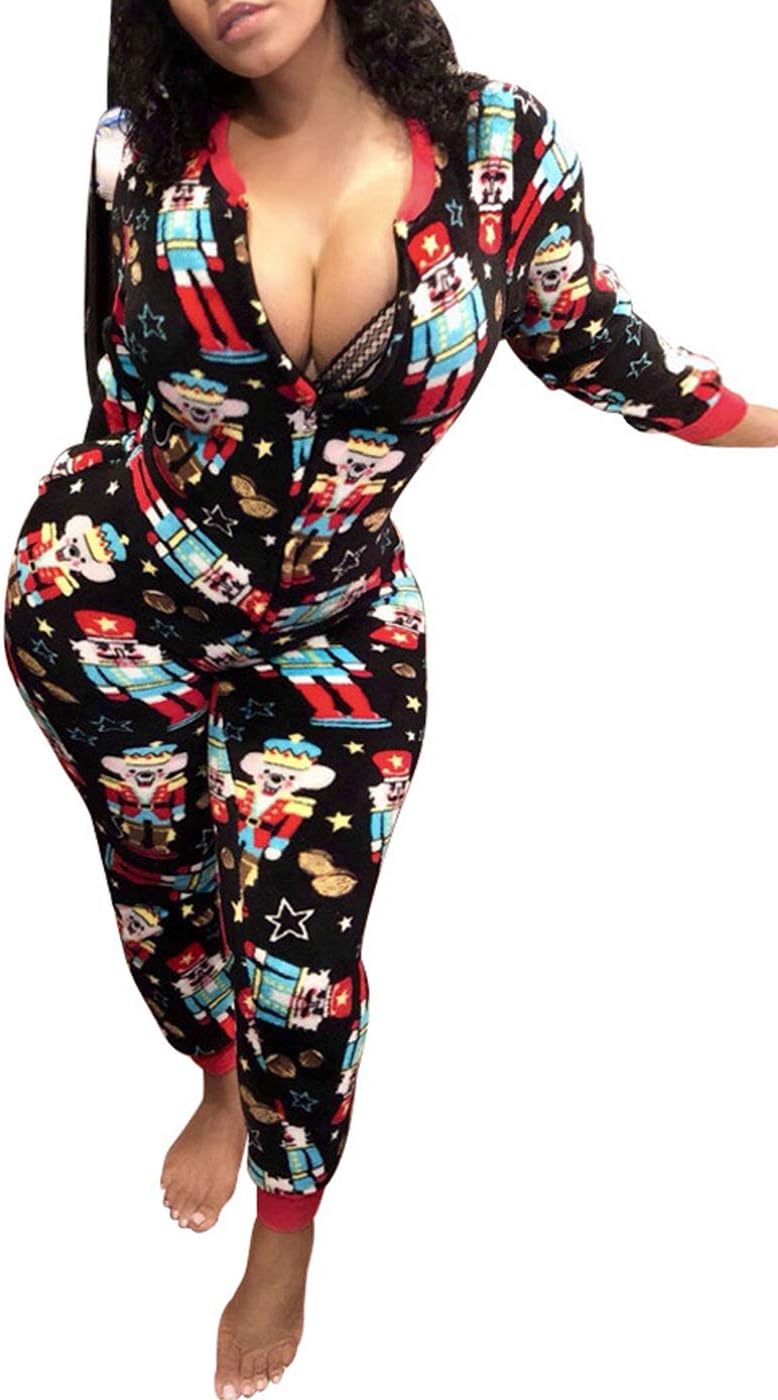VNVNE Women's One Piece Onsie Print Sleepwear Ugly Christmas Pajamas Jumpsuit Rompers Clubwear Nightwear