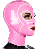 Pink Latex Hood with White Trim Back Zipper Open Eyes Mouth for Beautiful Girl Women Rubber Mask