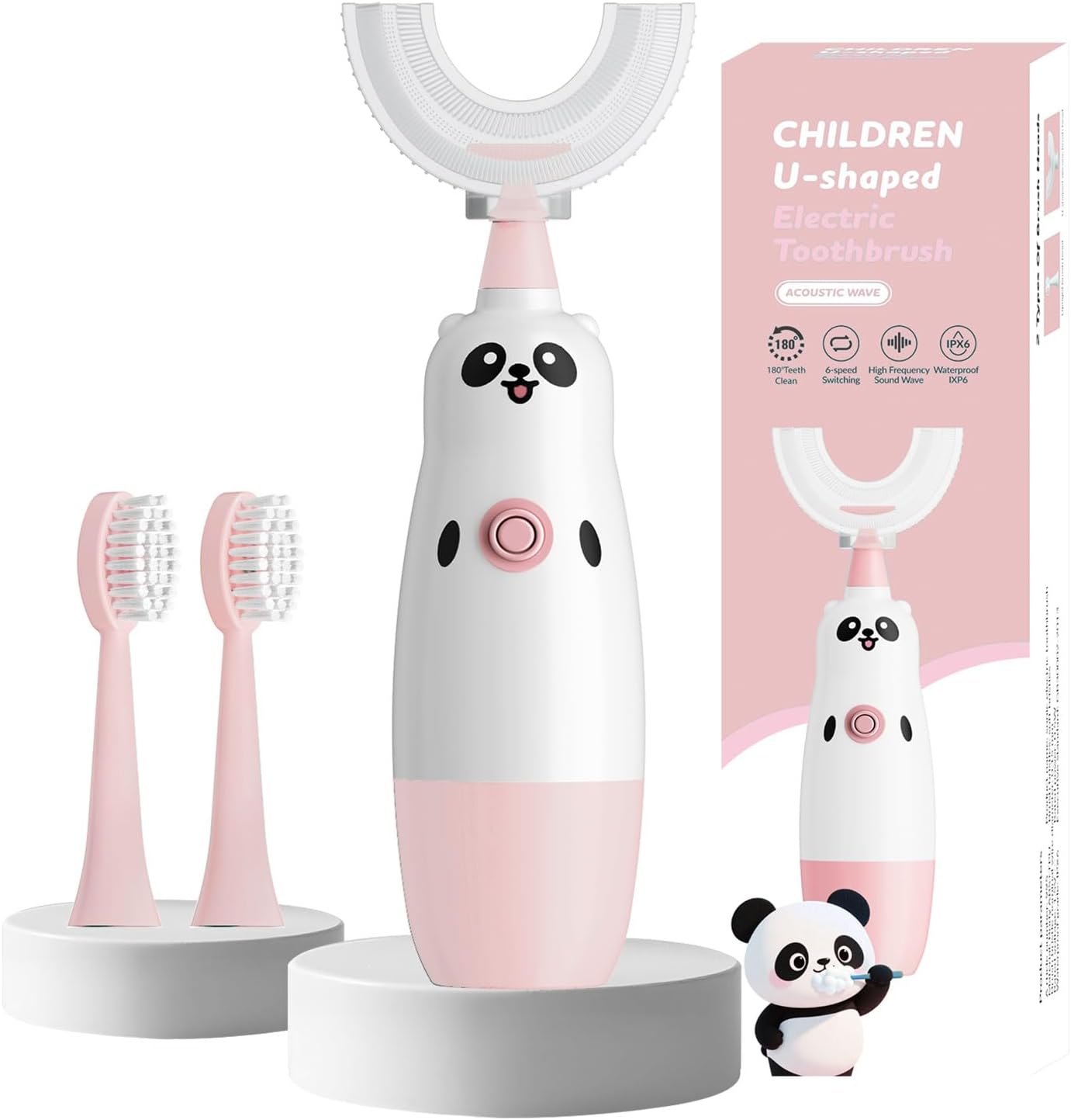 Hikid Kids U-Shaped Electric Toothbrush with 2 Brush Heads, Toddlers Sonic with 360 Degree Cleaning, Soft Bristles, Battery Included, IPX7 Waterproof, Cute Cartoon for Girls and Boys,Ages 2-7 (Pink)