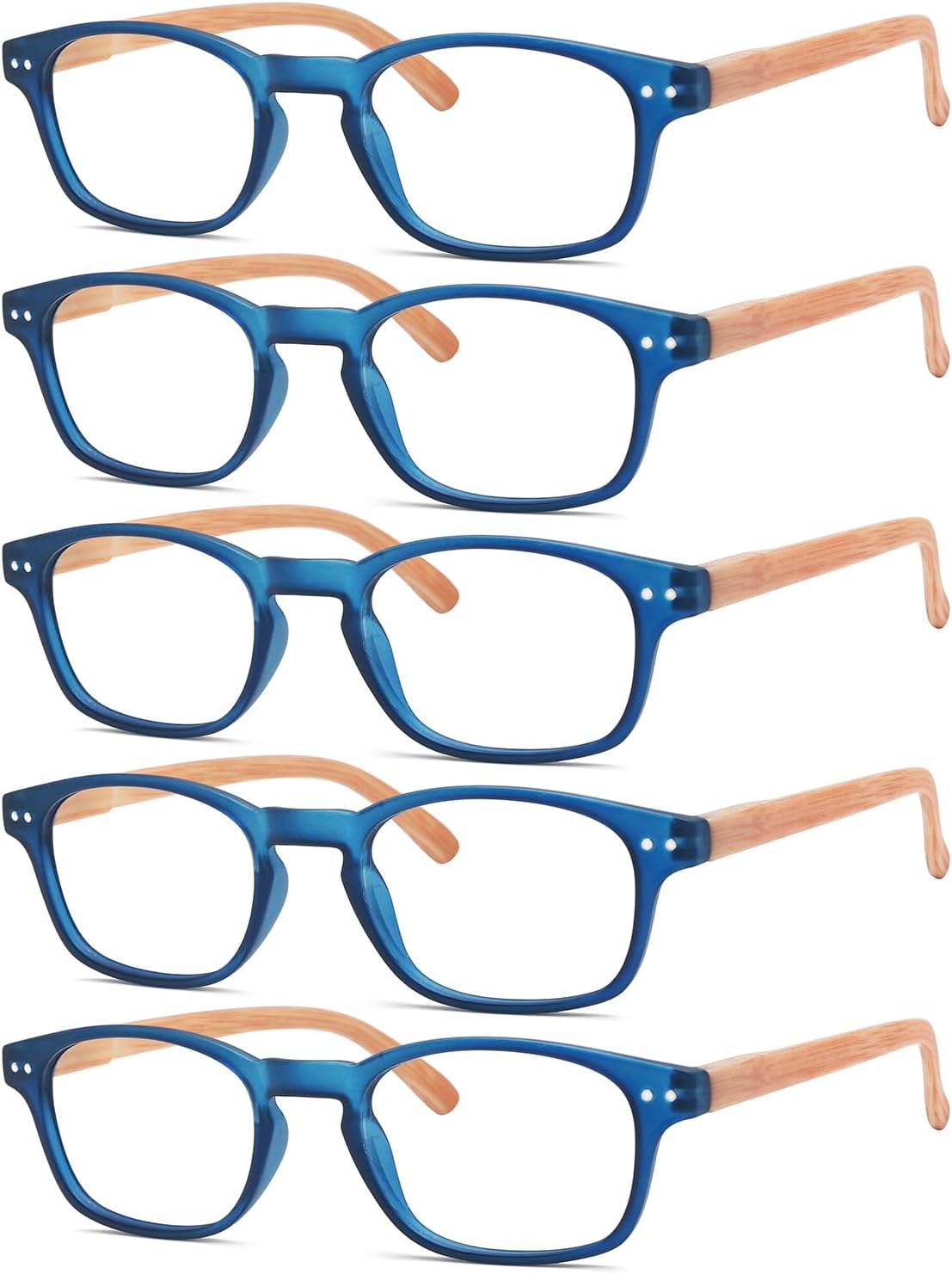 Eyekepper 5-pack Spring Hinge Wood-grain Printed Arms Reading Glasses Blue,+3.0