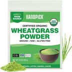 HANDPICK USDA Organic Wheatgrass Powder (10oz) Rich Green Powder - Lab Tested | 100% Whole Leaf | Gluten Free, Non-GMO | No Sugar, No Artificial Ingredients | Resealable Ziplock Pouch