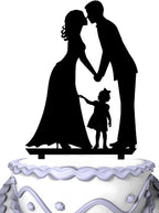 Meijiafei Bride and Groom Acrylic Funny Wedding Cake Stand Black Wedding Birthday Kissing Cake Toppers Cake Decorations Cake Topper with Little Girl