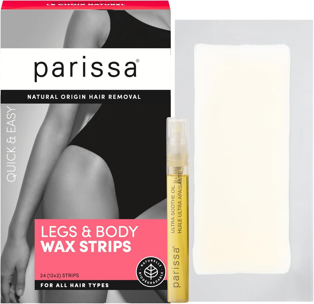 Parissa Legs & Body Biodegradable Wax Strips Kit | Ready-to-Use Large Wax Strips for At-Home Hair Removal, Suitable for All Hair Types | Includes Post-Wax Ultra Soothe Oil | 24 Strips (12 x 2)