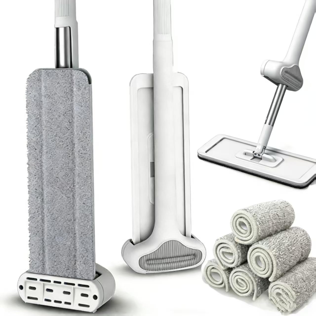 360 Hands-Free Self Wringing Floor Cleaning Mop, Flat Mop - Microfiber with 6 x Washable Pads, Hand Washing Free for Hardwood and Window, White