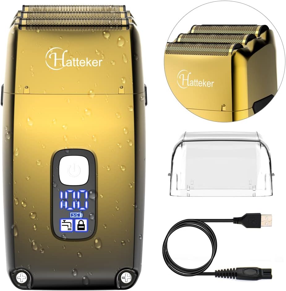 Hatteker Foil Head Shaver Triple Blades Electric Shaver Razor for Men Close Bald Head Barber Trimmer Waterproof Wet & Dry, Cordless, Gold
