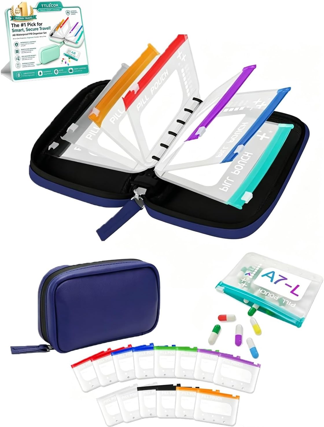 A8 Waterproof Pill Organizer Set, Waterproof Pill Pouch Set, Travel Medicine Organizers with 14 Color-Coded Pouches, Leakproof Reusable Zippered Storage Case, Compact Daily Pills Holder(Blue)
