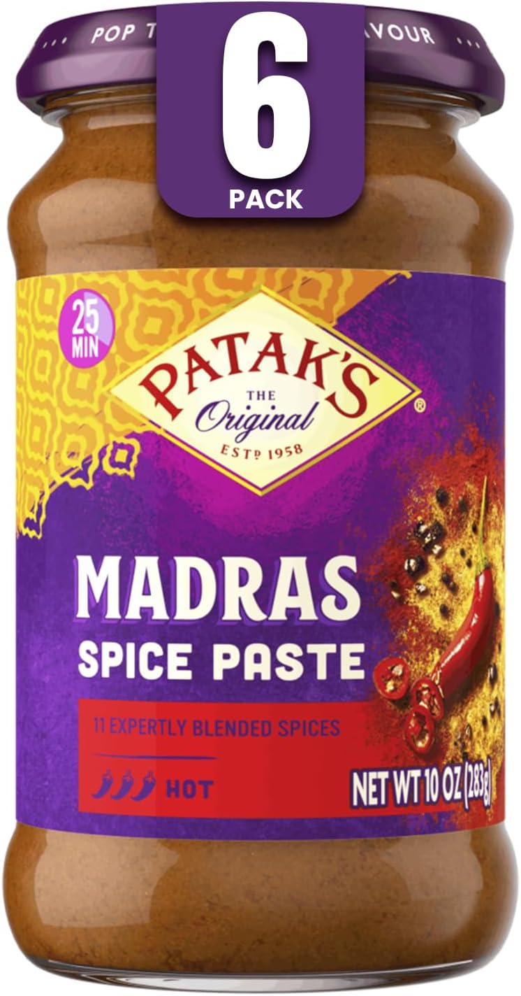 Patak's Madras Spice Paste, Hot Indian Curry with 11 Expertly Blended Spices, No Artificial Colors, Gluten-Free & Vegan, Bold Base for Home Cooking & More, 10 oz Jar, 6-Pack