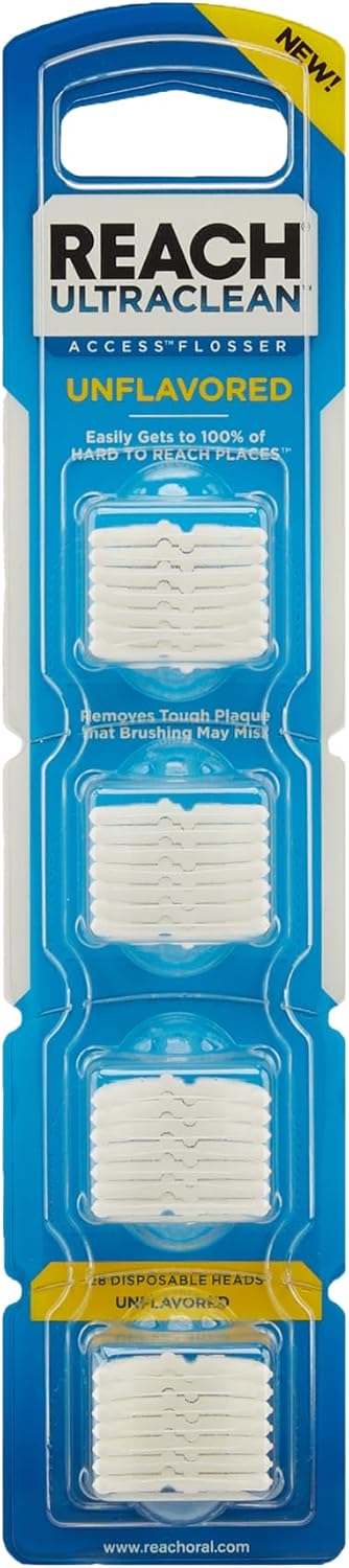 REACH Ultraclean Access Flosser Refill Heads, Unflavored, Plaque Remover for Teeth, Shred Resistant, for Hard to Reach Areas, Oral Care, PFAS Free, for Adults & Kids, 1 Pack, 28 Count
