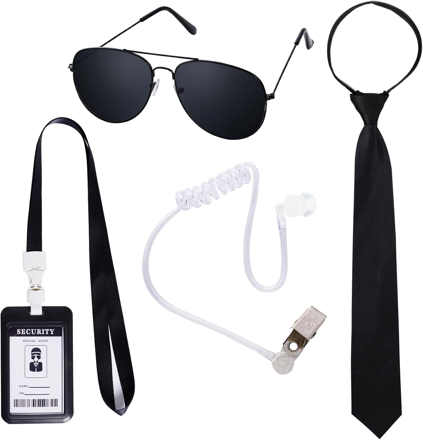 4 Piece Agent Costume Secret Security Service Costume Accessories Earpiece Sunglasses Zipper Ties ID Card for Halloween