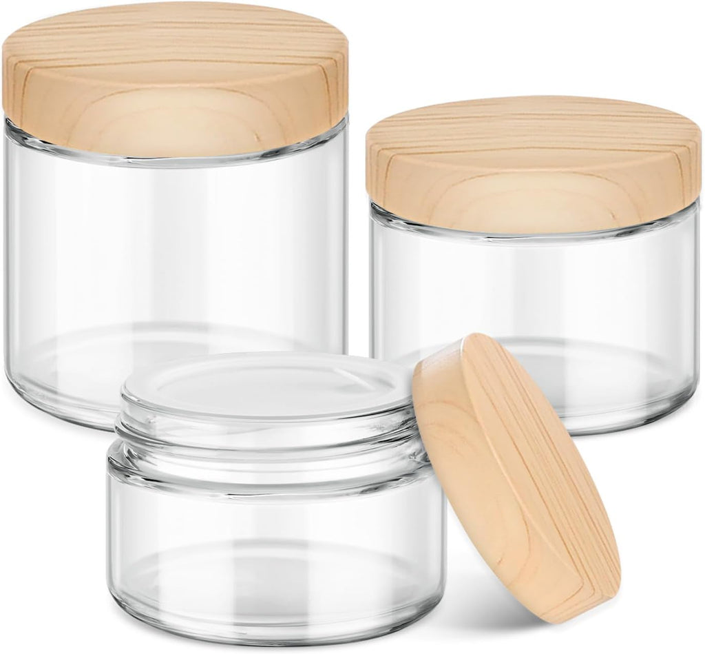 Glass Cosmetic Jars with Plastic Woodgrain Lids, 4 oz, 2 oz 1 oz Small Glass Storage Jars with Lids & Stickers, Reusable Clear Travel Containers for Creams, Lotion, Balms, Ointment 3 pack