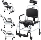 Reclining Shower Chair with Wheels, Commodes Wheelchair Toilet Chair with Headrest Padded Seat Flip-up Arm and Foot Rests,Tilt Rolling Shower Chairs for Elderly, Disabled, Handicap