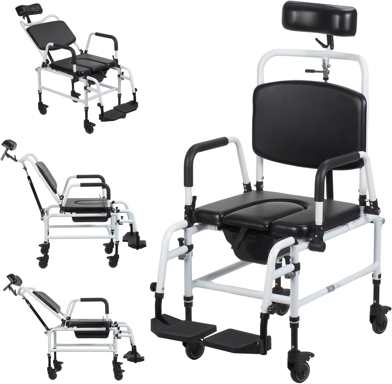 Reclining Shower Chair with Wheels, Commodes Wheelchair Toilet Chair with Headrest Padded Seat Flip-up Arm and Foot Rests,Tilt Rolling Shower Chairs for Elderly, Disabled, Handicap