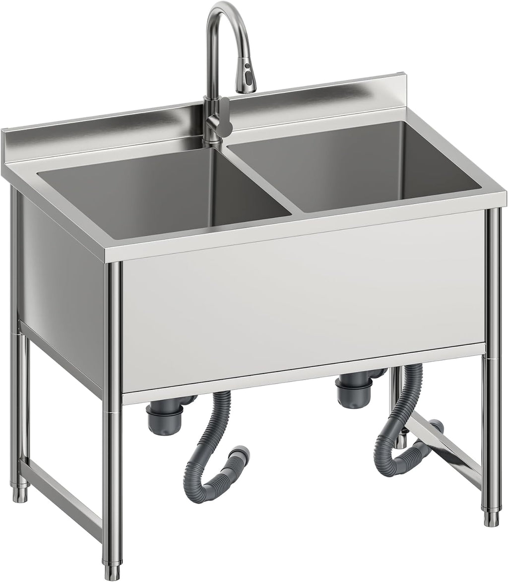 35" Stainless Steel Commercial Sink 2 Bowl Freestanding Kitchen Sink with Pull-out Faucet, Large Utility Sink for Kitchen, Dishwashing, Thawing, Laundry Room, Garage, Outdoor, Total Capacity 36 Gallon