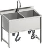 35" Stainless Steel Commercial Sink 2 Bowl Freestanding Kitchen Sink with Pull-out Faucet, Large Utility Sink for Kitchen, Dishwashing, Thawing, Laundry Room, Garage, Outdoor, Total Capacity 36 Gallon