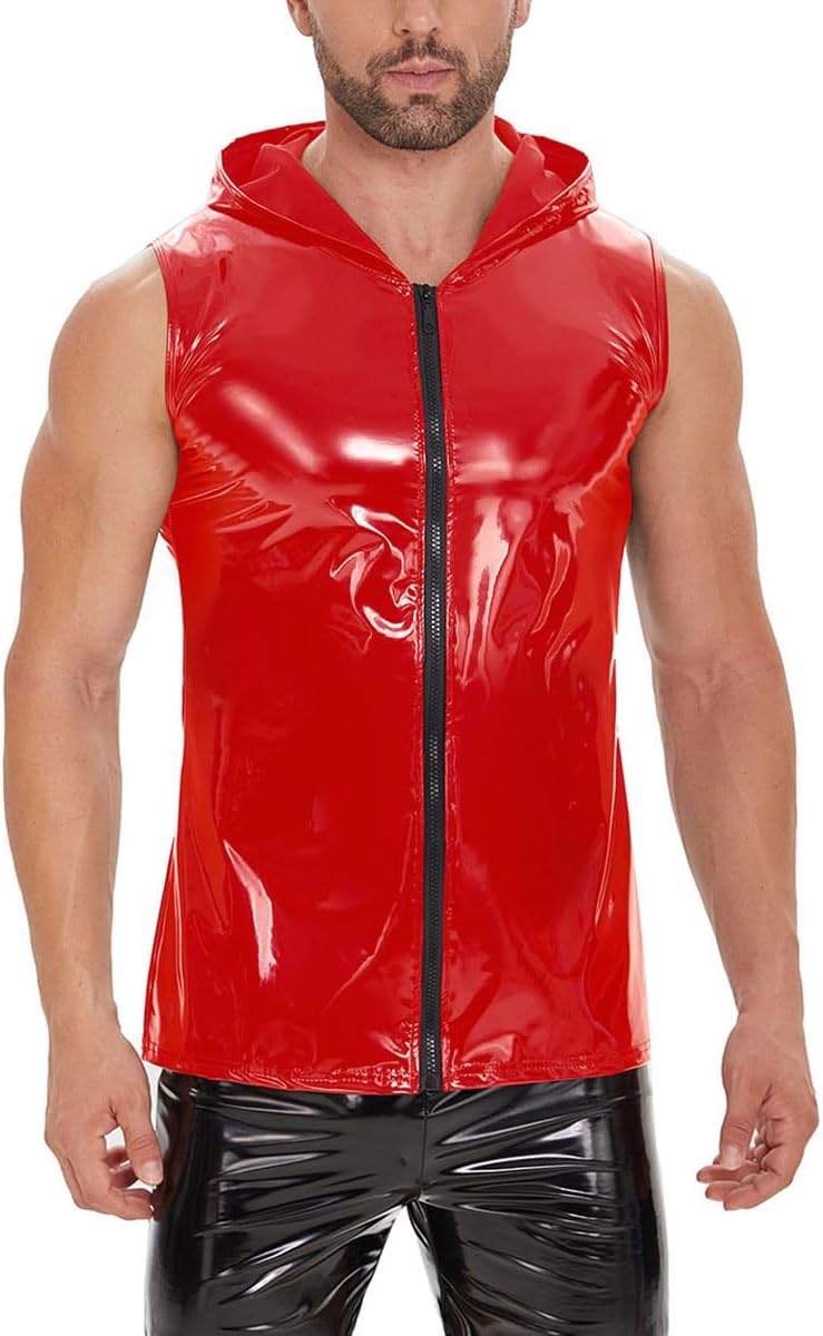 Men Sexy Leather Tank Top, Wetlook, Hoodies Shirts Sleeveless, Male Glossy Vest