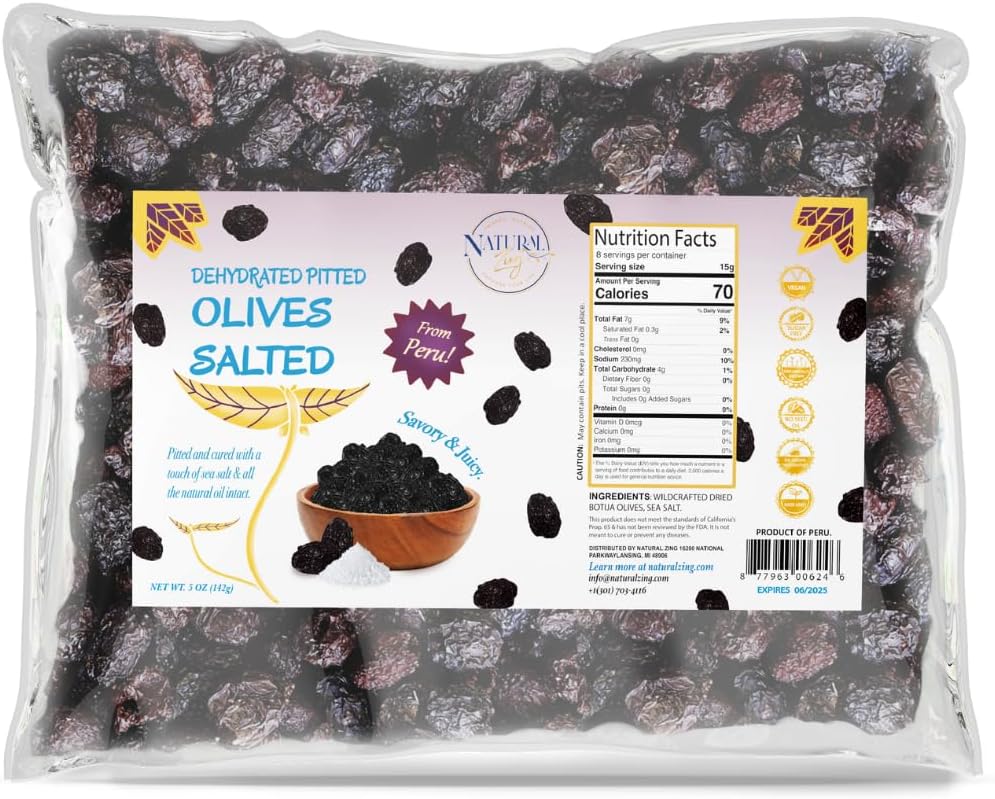 Natural Zing Organic Peruvian Black Olives | Dried Olives, Pitted for a Convenient Healthy Snack Alternative | Naturally Fermented & Organic | 8 oz Bag