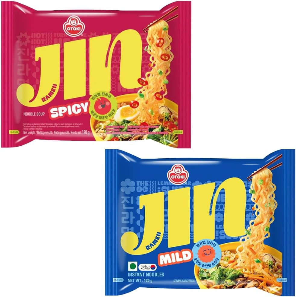 BOX OF LIFE Ottogi Jin ramen 2 Flavor Combo (Mild + Spicy) / Korean Noodles/Each 2 Pack, Total 4 Packs