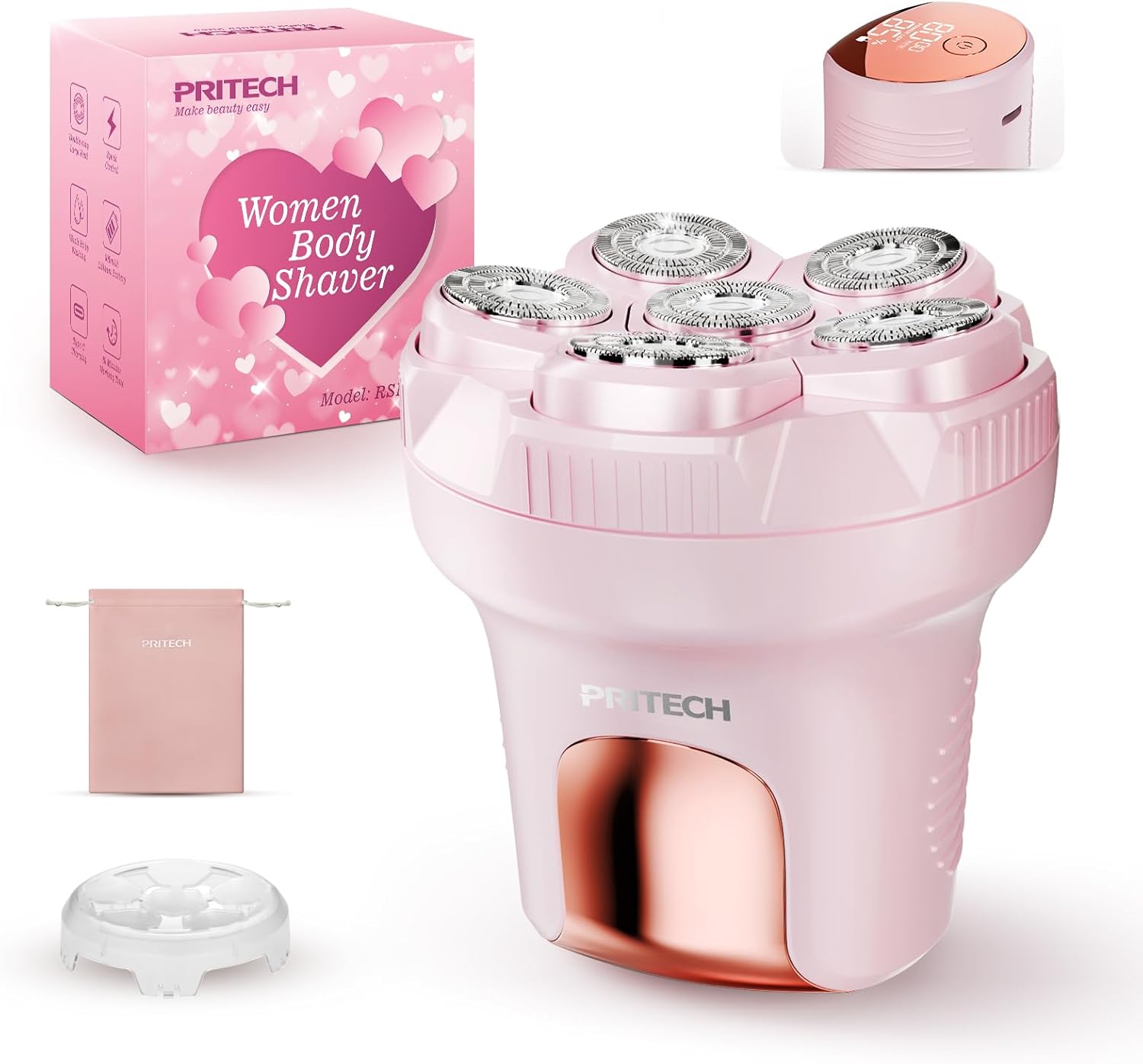 PRITECH Electric Razors for Women Legs, Easy-Clean Body Shaver, Wet & Dry Waterproof Bikini Trimmer, Portable Lady Hair Remover for Face Underarms Pubic (Pink)