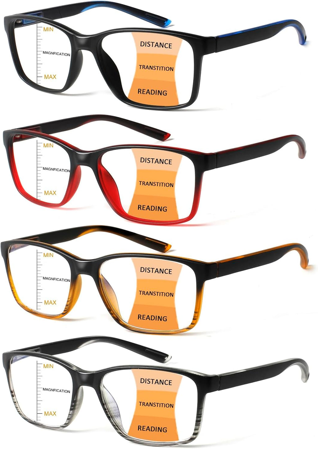 4 Pack Progressive Multifocus Reading Glasses Blue Light Blocking Readers for Men Women with Spring Hinge