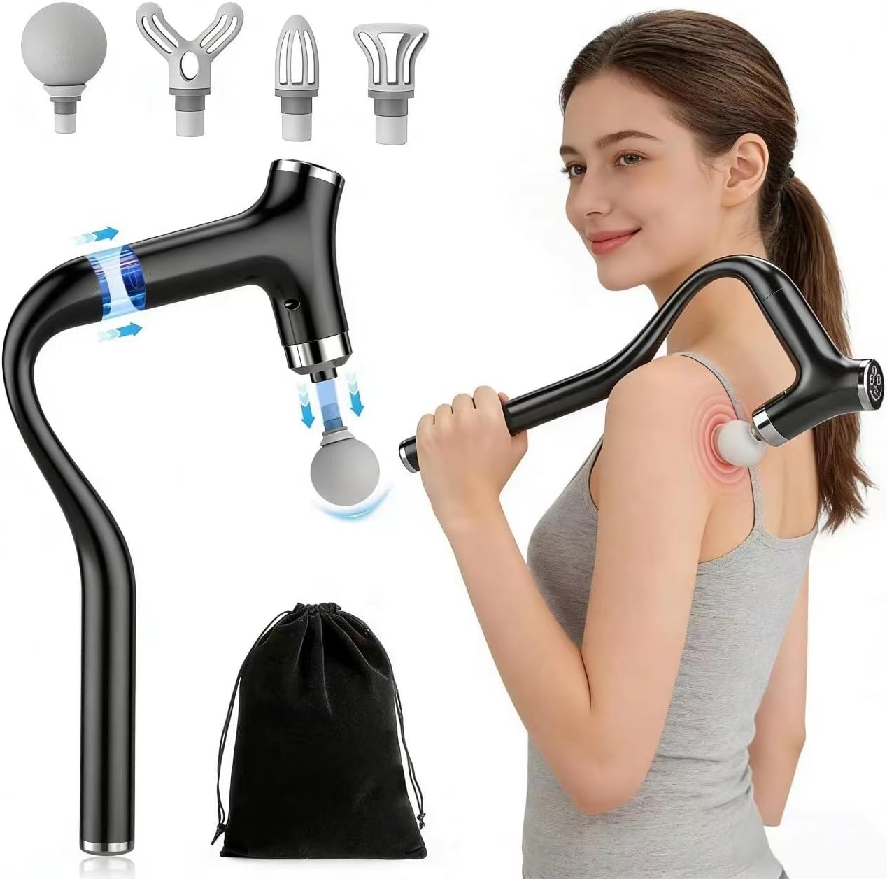 Deep Tissue Massage Gun for Women Men, 12-Speed Percussion Back Massager for Hard to Reach Shoulders & Mid Back, 8mm Stroke Muscle Massager with LCD Display & 4 Heads-Gifts, Dark Detachable