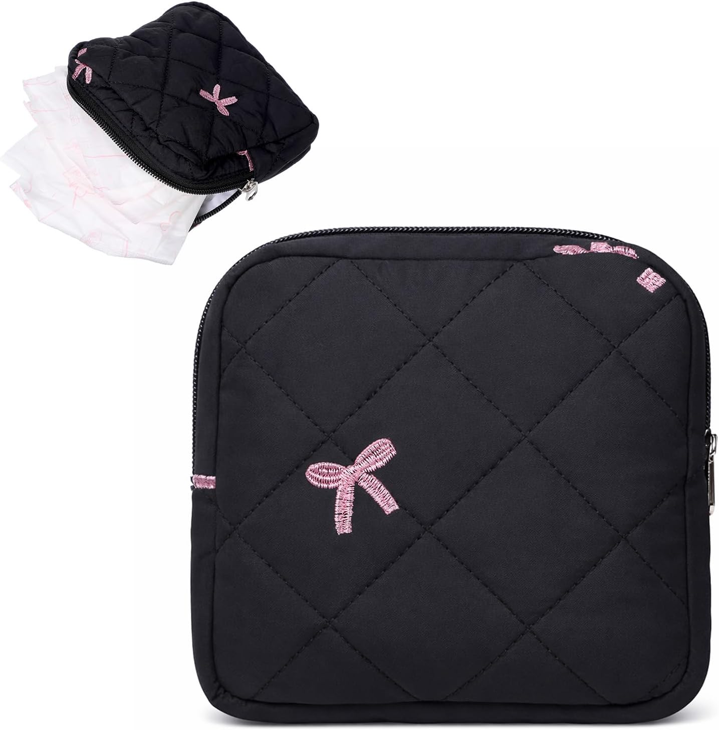 Cute Bow Sanitary Napkin Storage Bag with Dividers and Zipper, Cute Period Bag Pouch, Portable Tampon Holder for Purse that Can Hold Sanitary Napkins, Panty Liners, Tampons, and Menstrual Cups