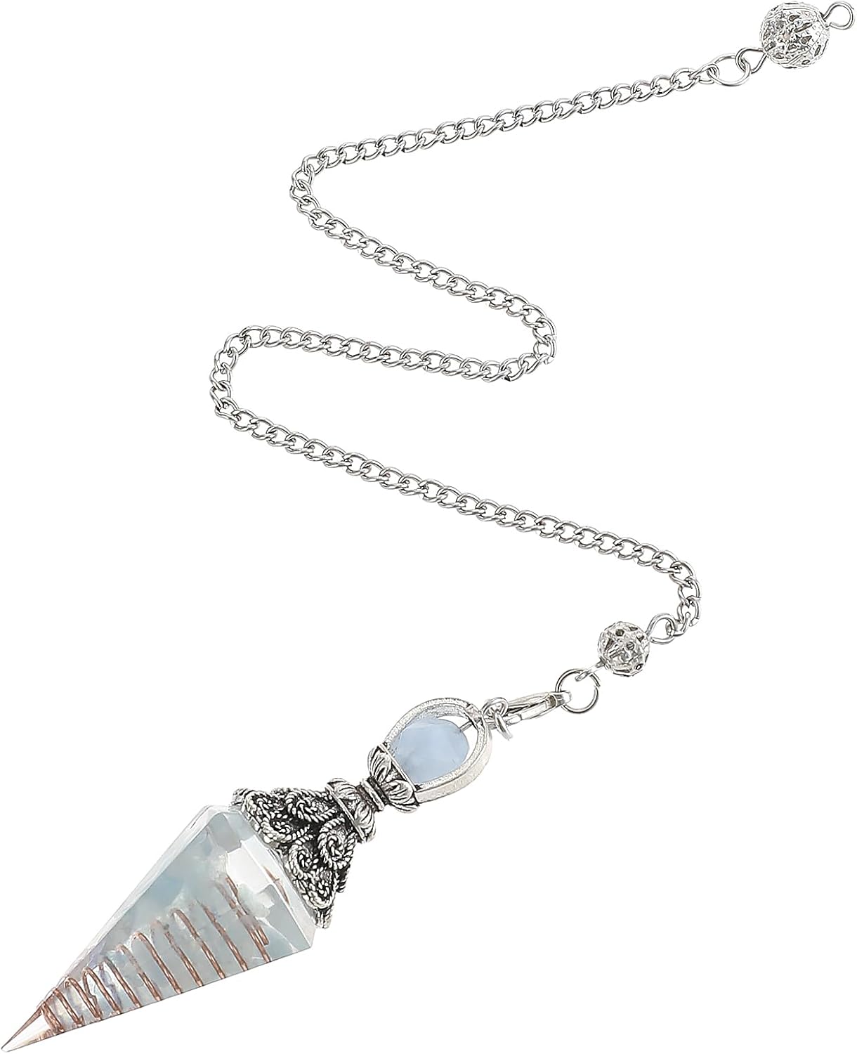 COMNICO Healing Crystal Pendulums, Aquamarine Spiritual Hexagonal Pointed Cone Resin Pendants with Chain, Divination Dowsing Tools Witchcraft Energy Balancing Accessories