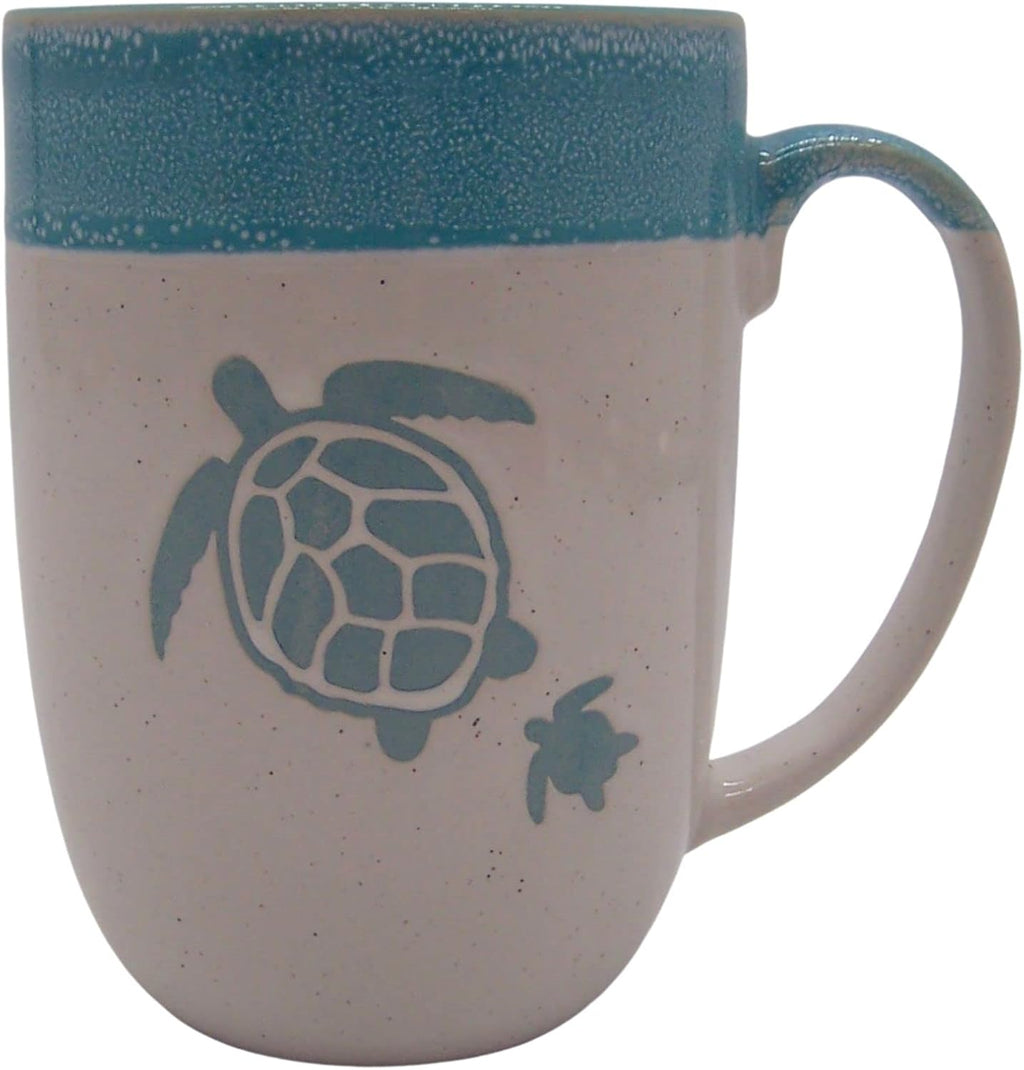 Wowser Speckled White Mug Dipped in Teal with Mom and Baby Turtle Design, Stoneware Mug, 16 ounces