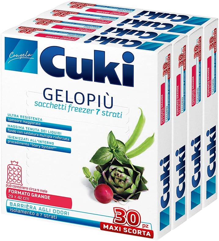 Cuki Gelopiù Freezer Bags 7 Layers Maxi Stock Large - 29 x 42 cm - 6 L - 4 Packs of 30 Pieces - 780 g
