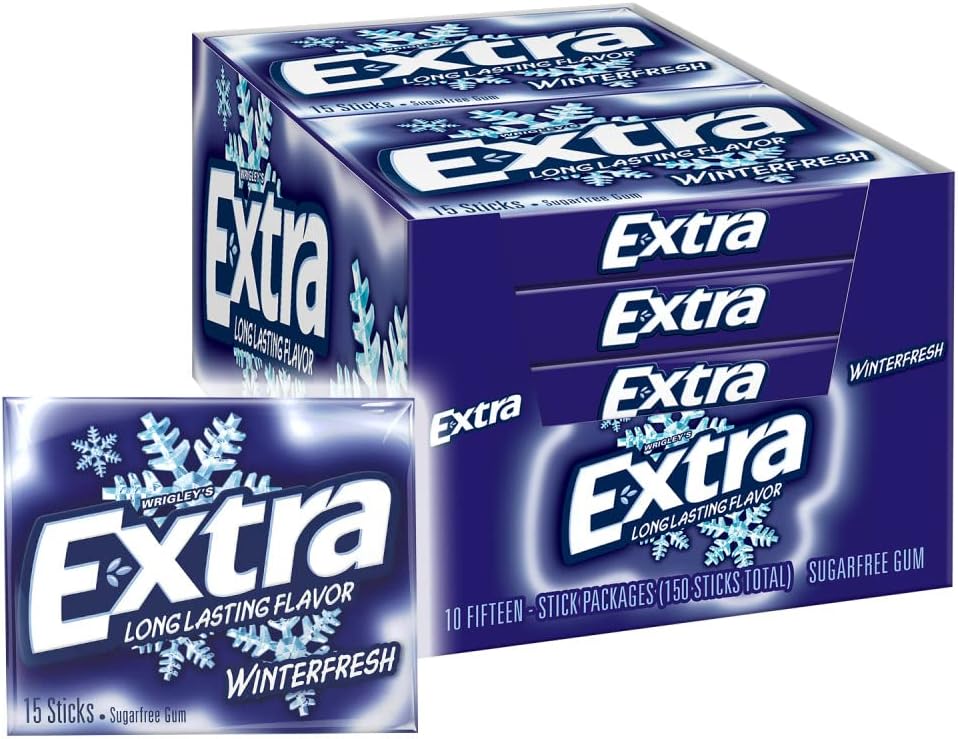 Extra Gum Winterfresh Sugarfree, Bulk, Individually Wrapped, Perfect for Fresh Breath at School, Work, and Travel 15 Count, Pack of 10