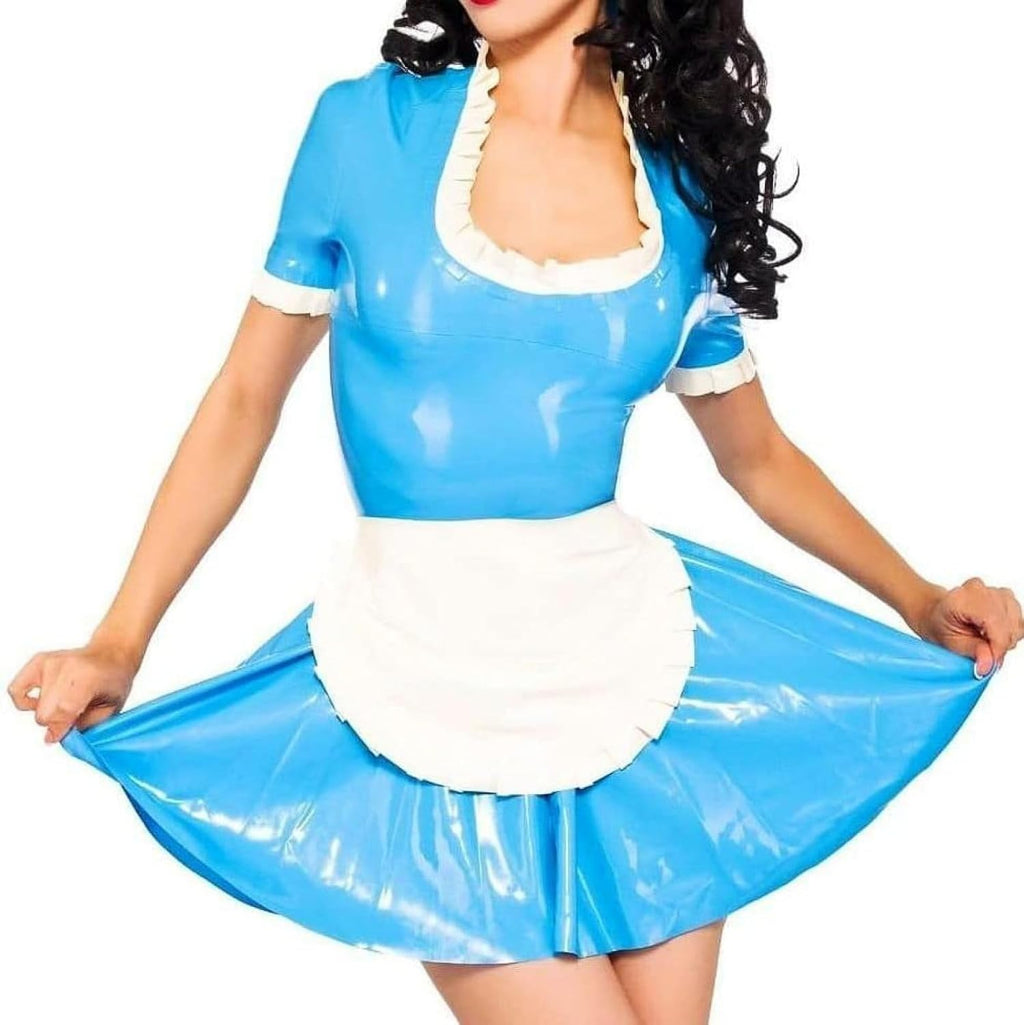 Lake Blue and White Sexy French Maid Latex Dresses with Apron Zipper at Back Puffs Short Sleeves Rubber Uniform,Custom Color,XL