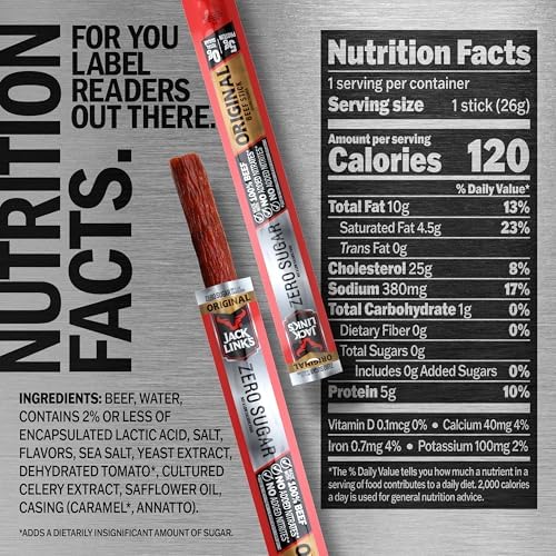 Jack Link's Original Zero Sugar Beef Sticks - (20 Pack) 0.92 oz Meat Sticks - Ready to Eat Protein Snacks - 5g Protein per Serving - Made with 100% Real Beef