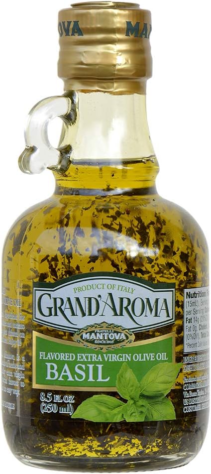Mantova Grand’Aroma Basil Flavored Extra Virgin Olive Oil, made in Italy, cold-pressed, 100% natural, heart-healthy cooking oil perfect for salad dressing, pasta, garlic bread, meats, or pan frying, 8.5 oz (Pack of 2)