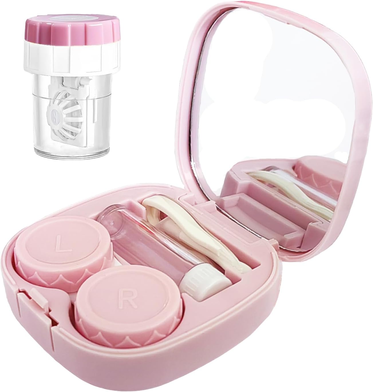 Contact Lens Case Kit with Cleaner Washer, Contact Lenses Applicator Removal Tool Kit with Mirror Solution Bottle for Daily and Outdoor Use(Pink)