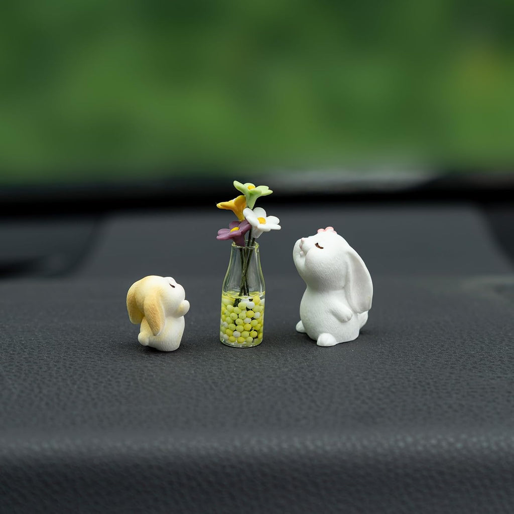 Rislobx Bunny Car Dashboard Decoration with Daisy Flower Vase Rear View Mirror Ornament, 3PCS Cute Bunny Car Accessories for Women