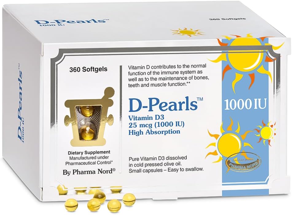 Pharma Nord D-Pearls 1000 iu (25 mcg) High Absorption Vitamin D3 - Daily Immune, Bone, & Muscle Support, Easy-to-Swallow Tiny Softgels in Organic Olive Oil, Non-GMO, Gluten-Free, 360 Count