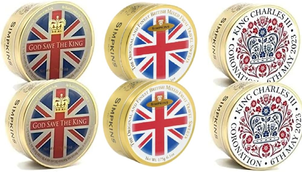 Coronation King Charles III Simpkins Mixed Fruit Tin - Coronation Variety Multi pack - All Natural & Gluten free Assorted Fruit drops 175g | Pack of 6 in Premier Life Store box