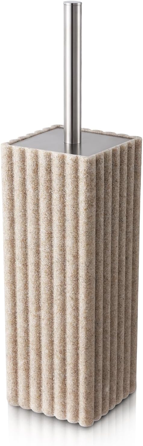 Toilet Bowl Brush and Holder for Bathroom，Resin Toilet Brush and Holder Set with Stainless Steel Handle，Deep Cleaning Modern Toilet Cleaner Brush -Space Saving, Covered Brush (Beige)