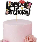1PCS Makeup Happy Birthday Cake Topper Lipstick Lip Eyeshadow Glitter Cake Topper Decoration for Bridal Shower Women Makeup Theme Party Birthday Party Supplies